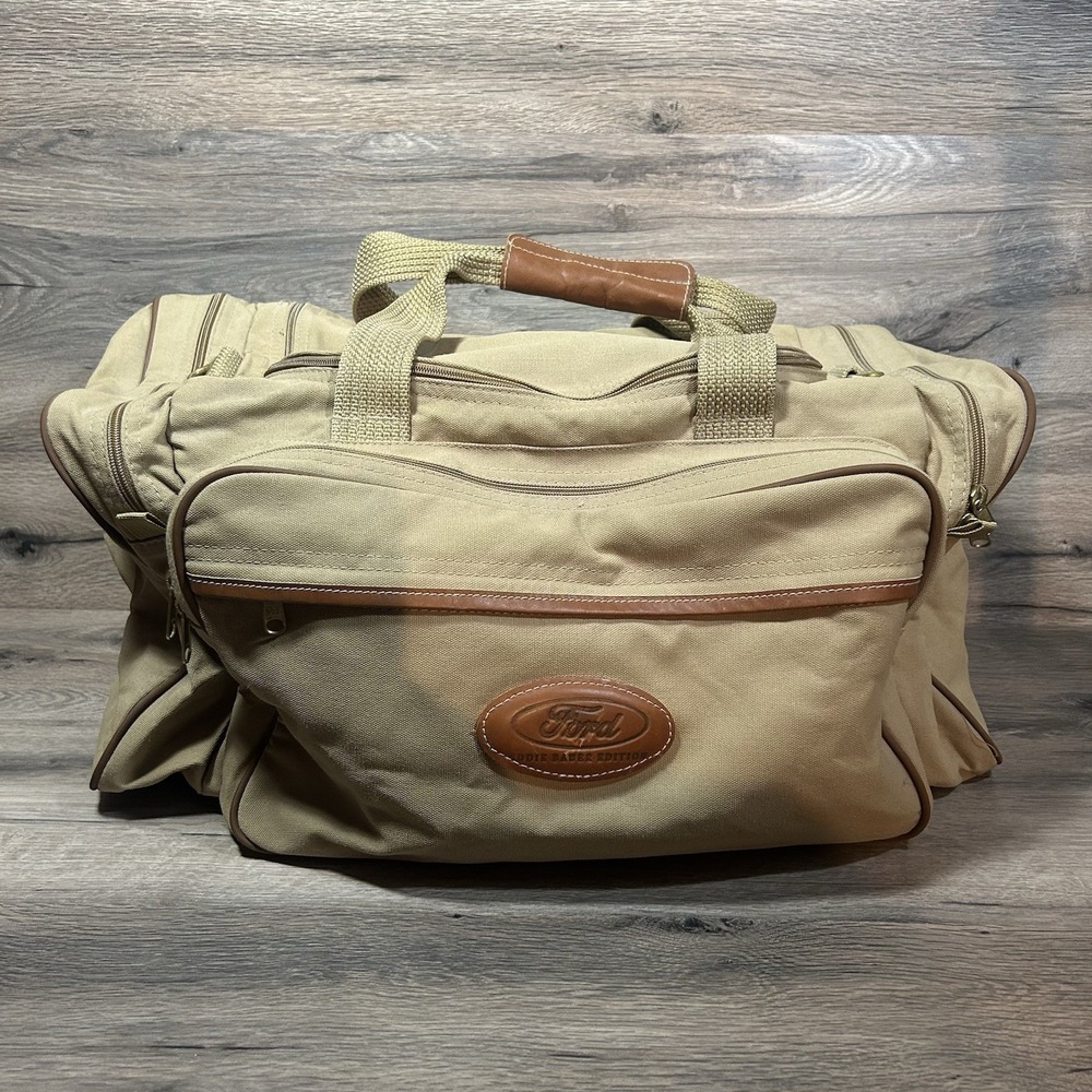 Vintage Ford Edition Eddie Bauer Duffle Bag Canvas Tan Weekender Military